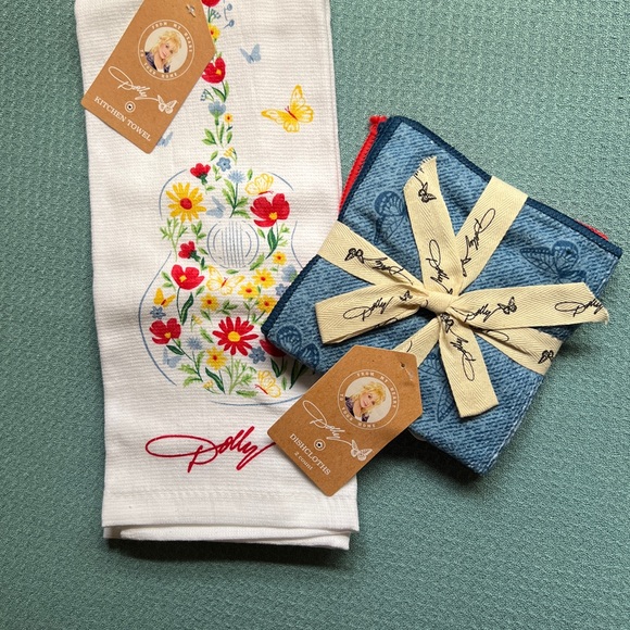 Other - Dolly Parton Floral Guitar Dish Towel and Blue cloth Set